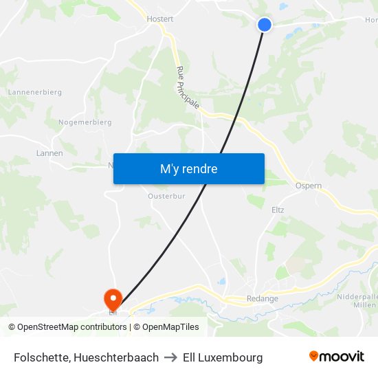 Folschette, Hueschterbaach to Ell Luxembourg map