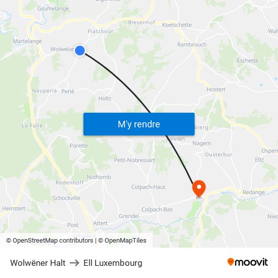 Wolwëner Halt to Ell Luxembourg map