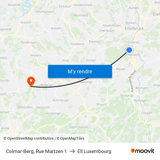 Colmar-Berg, Rue Martzen 1 to Ell Luxembourg map