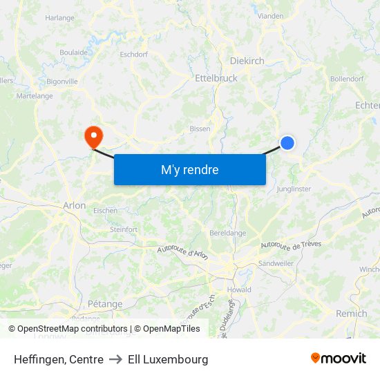 Heffingen, Centre to Ell Luxembourg map