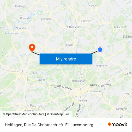 Heffingen, Rue De Christnach to Ell Luxembourg map