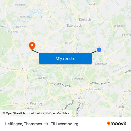Heffingen, Thommes to Ell Luxembourg map