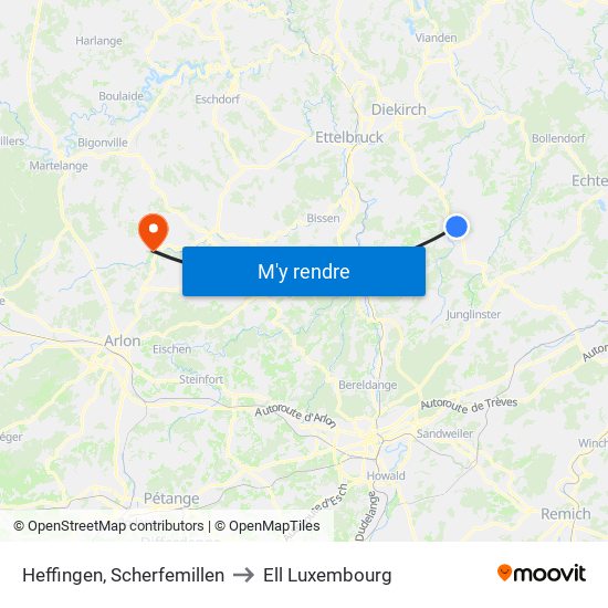 Heffingen, Scherfemillen to Ell Luxembourg map