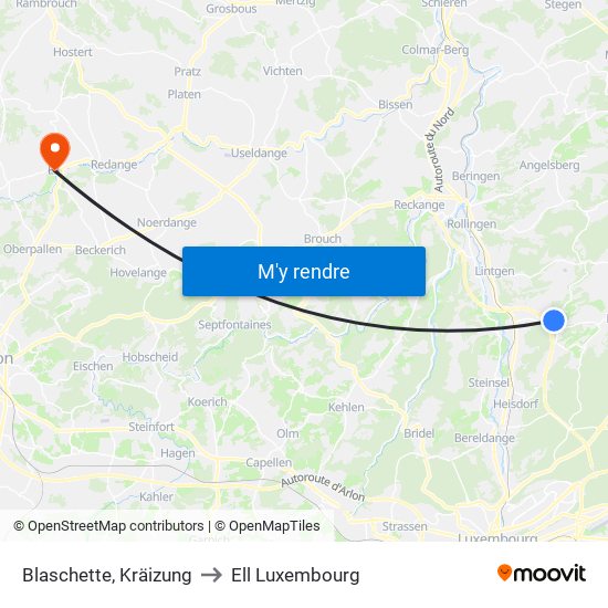 Blaschette, Kräizung to Ell Luxembourg map