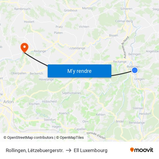 Rollingen, Lëtzebuergerstr. to Ell Luxembourg map