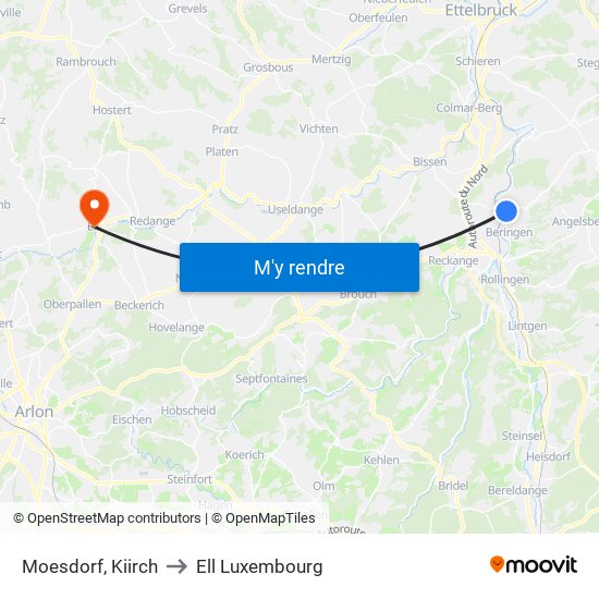 Moesdorf, Kiirch to Ell Luxembourg map