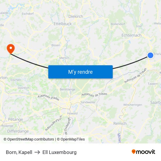 Born, Kapell to Ell Luxembourg map