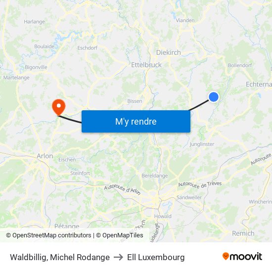 Waldbillig, Michel Rodange to Ell Luxembourg map