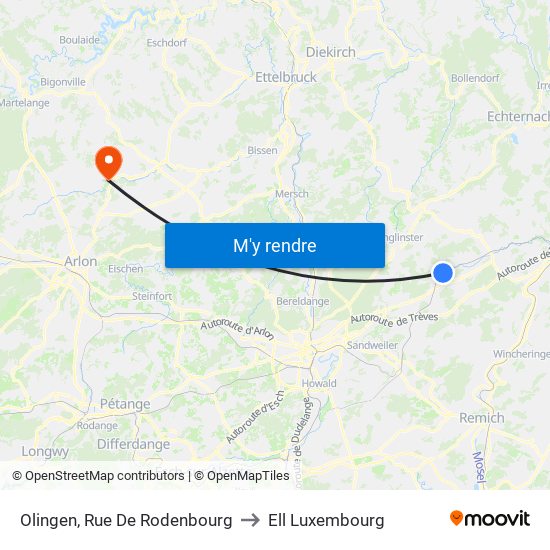 Olingen, Rue De Rodenbourg to Ell Luxembourg map