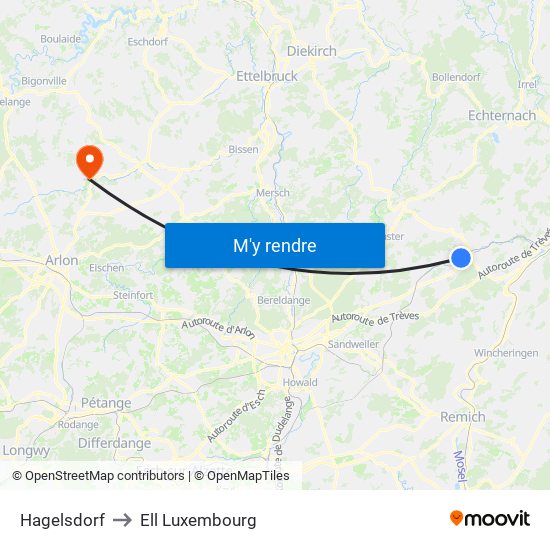 Hagelsdorf to Ell Luxembourg map