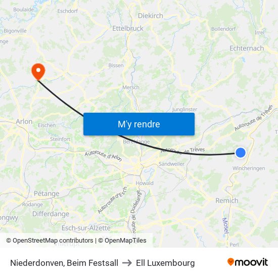 Niederdonven, Beim Festsall to Ell Luxembourg map