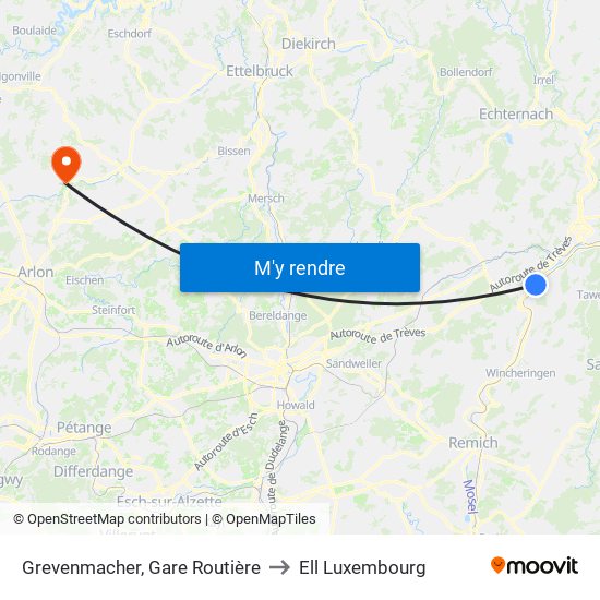 Grevenmacher, Gare Routière to Ell Luxembourg map