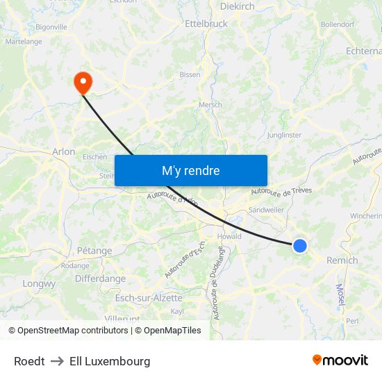 Roedt to Ell Luxembourg map