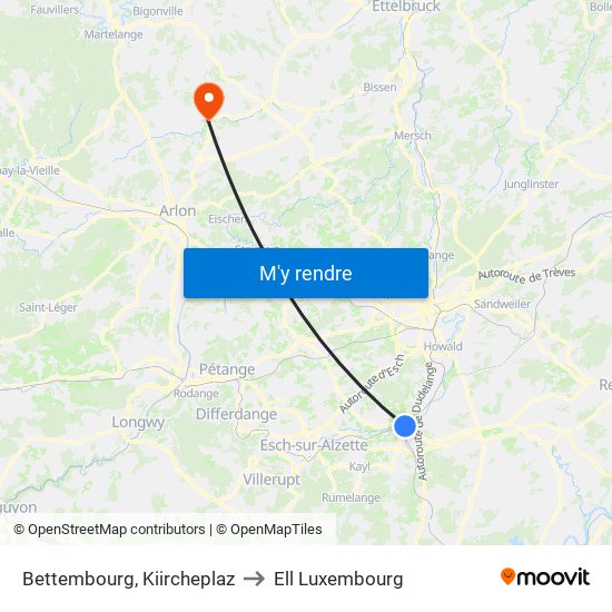 Bettembourg, Kiircheplaz to Ell Luxembourg map