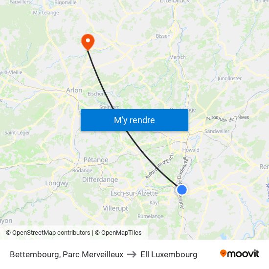 Bettembourg, Parc Merveilleux to Ell Luxembourg map