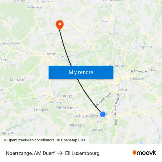 Noertzange, AM Duerf to Ell Luxembourg map