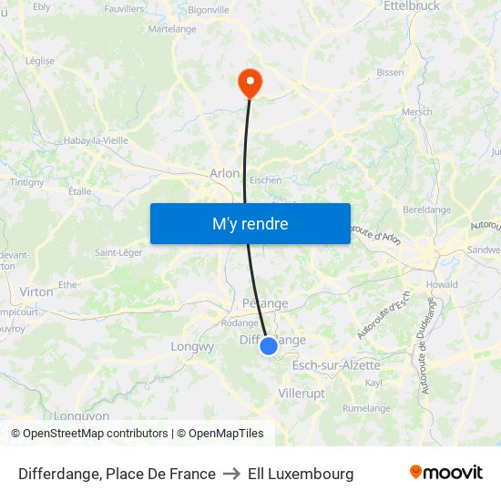 Differdange, Place De France to Ell Luxembourg map