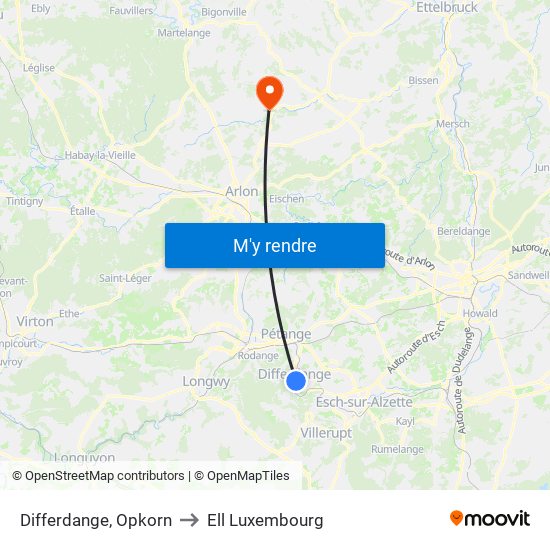 Differdange, Opkorn to Ell Luxembourg map