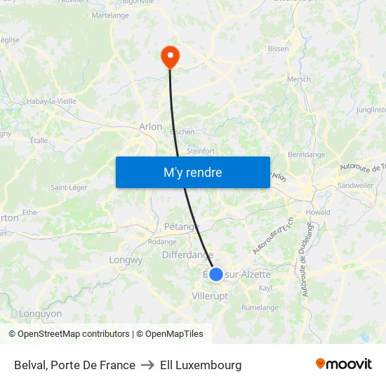 Belval, Porte De France to Ell Luxembourg map