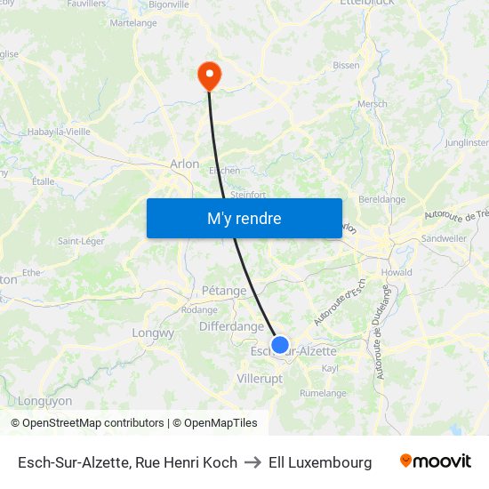 Esch-Sur-Alzette, Rue Henri Koch to Ell Luxembourg map