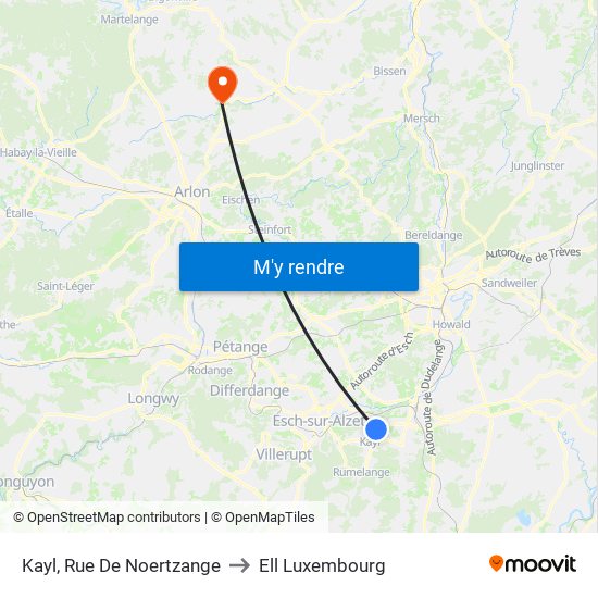 Kayl, Rue De Noertzange to Ell Luxembourg map