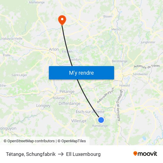 Tétange, Schungfabrik to Ell Luxembourg map