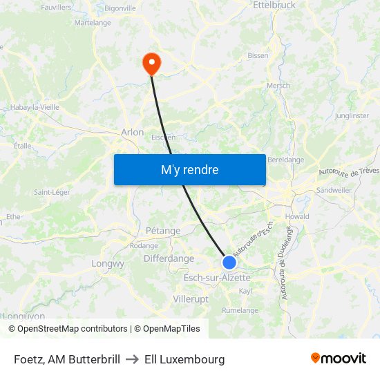 Foetz, AM Butterbrill to Ell Luxembourg map