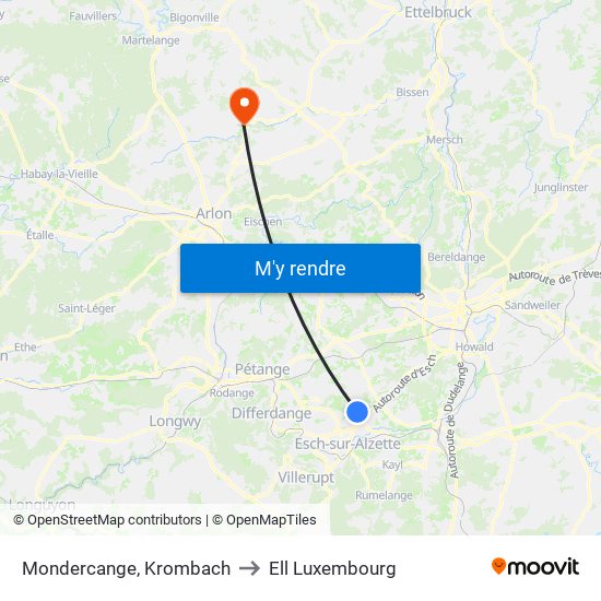 Mondercange, Krombach to Ell Luxembourg map