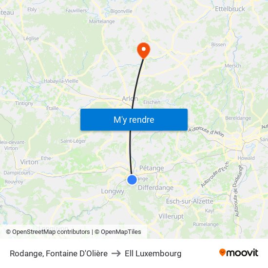 Rodange, Fontaine D'Olière to Ell Luxembourg map