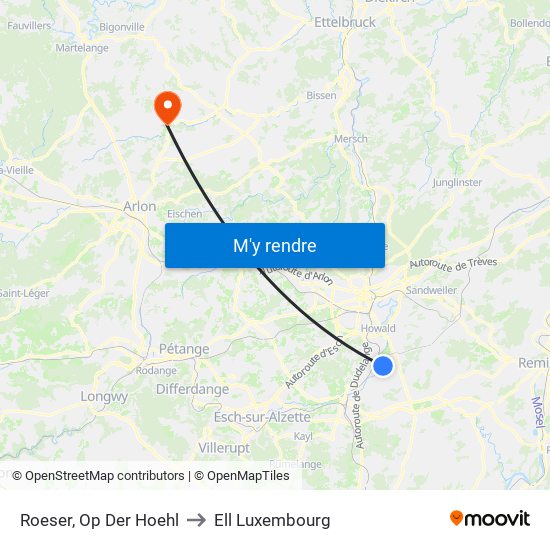 Roeser, Op Der Hoehl to Ell Luxembourg map