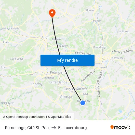 Rumelange, Cité St. Paul to Ell Luxembourg map