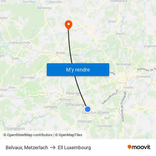 Belvaux, Metzerlach to Ell Luxembourg map