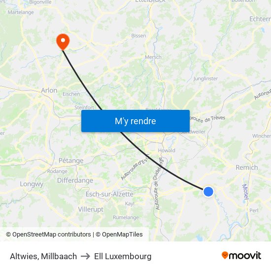Altwies, Millbaach to Ell Luxembourg map
