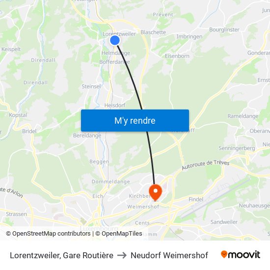 Lorentzweiler, Gare Routière to Neudorf Weimershof map