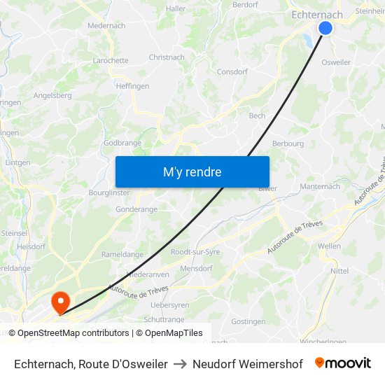 Echternach, Route D'Osweiler to Neudorf Weimershof map