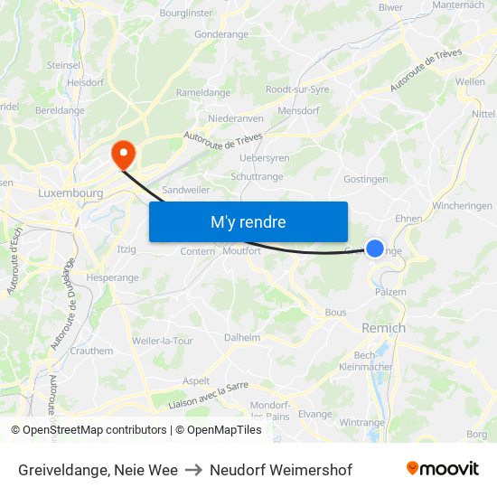 Greiveldange, Neie Wee to Neudorf Weimershof map