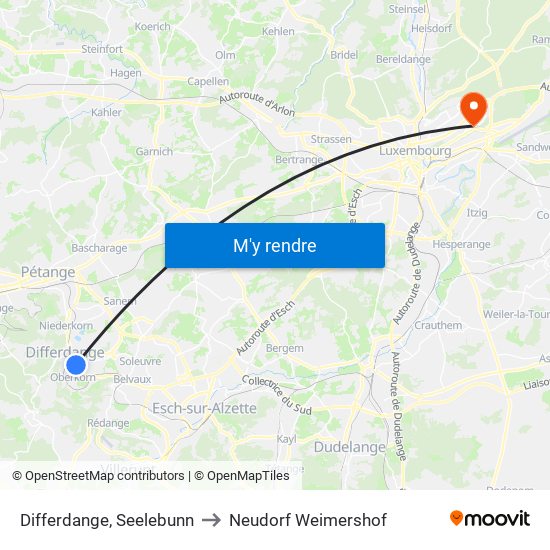 Differdange, Seelebunn to Neudorf Weimershof map