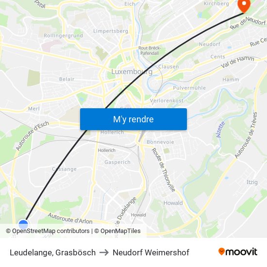 Leudelange, Grasbösch to Neudorf Weimershof map