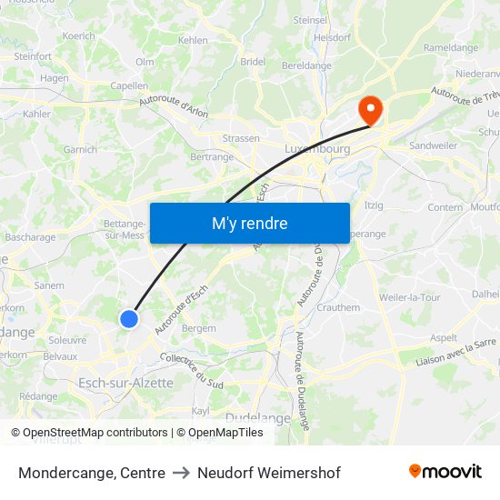 Mondercange, Centre to Neudorf Weimershof map