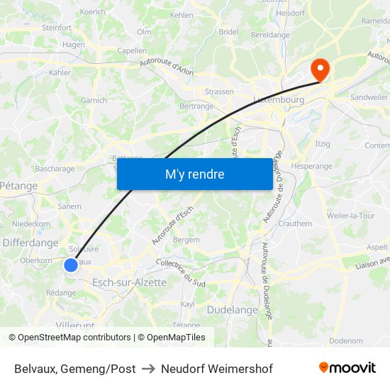 Belvaux, Gemeng/Post to Neudorf Weimershof map