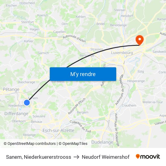 Sanem, Niederkuererstrooss to Neudorf Weimershof map