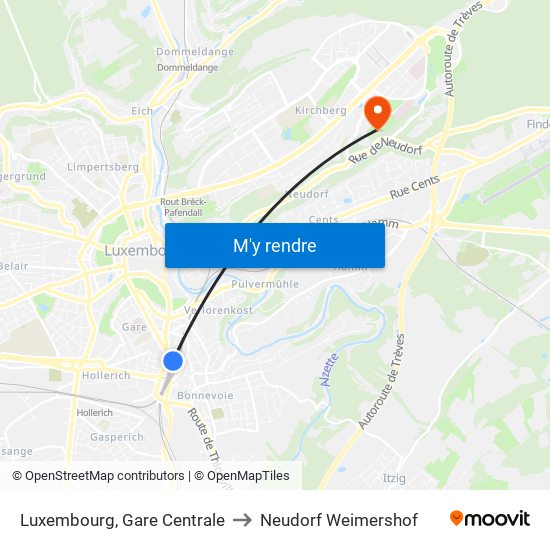 Luxembourg, Gare Centrale to Neudorf Weimershof map