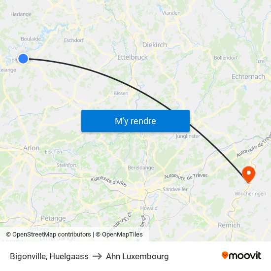 Bigonville, Huelgaass to Ahn Luxembourg map