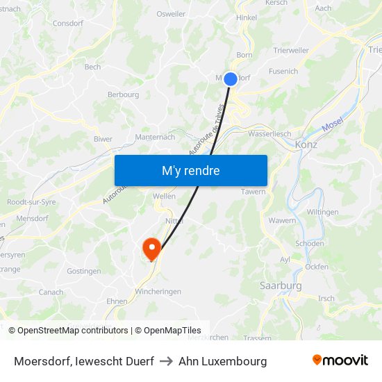 Moersdorf, Iewescht Duerf to Ahn Luxembourg map