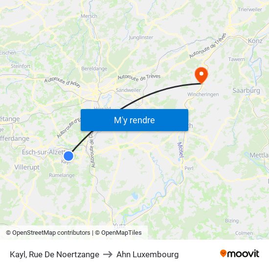 Kayl, Rue De Noertzange to Ahn Luxembourg map