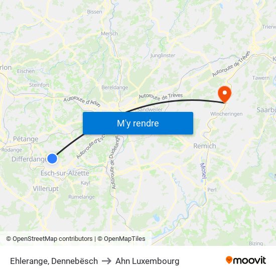 Ehlerange, Dennebësch to Ahn Luxembourg map