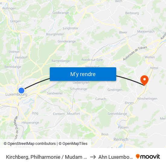 Kirchberg, Philharmonie / Mudam (Bus) to Ahn Luxembourg map