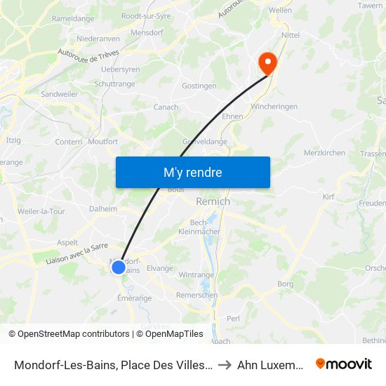 Mondorf-Les-Bains, Place Des Villes Jumelées to Ahn Luxembourg map