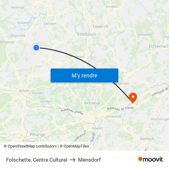 Folschette, Centre Culturel to Mensdorf map