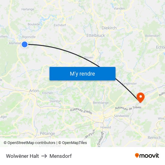 Wolwëner Halt to Mensdorf map